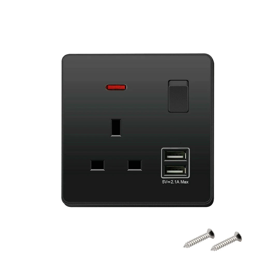 Black electrical socket with USB port and screws on a white background