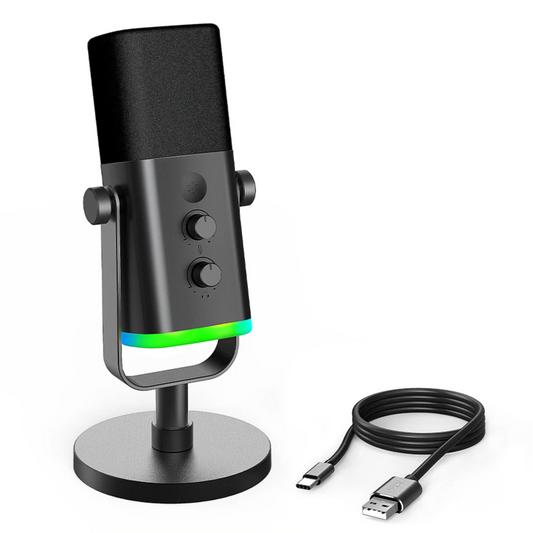 Black USB microphone with a green light on a white background