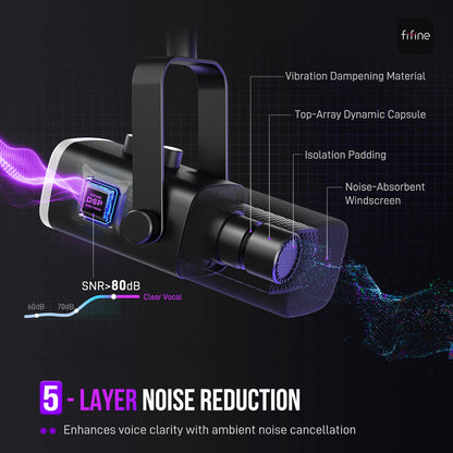Noise reduction device with labeled components and specifications on a dark background