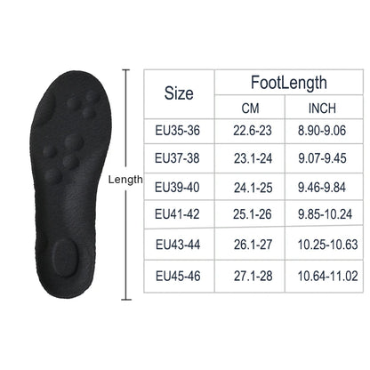 Black shoe sole with size and foot length measurement chart on a white background