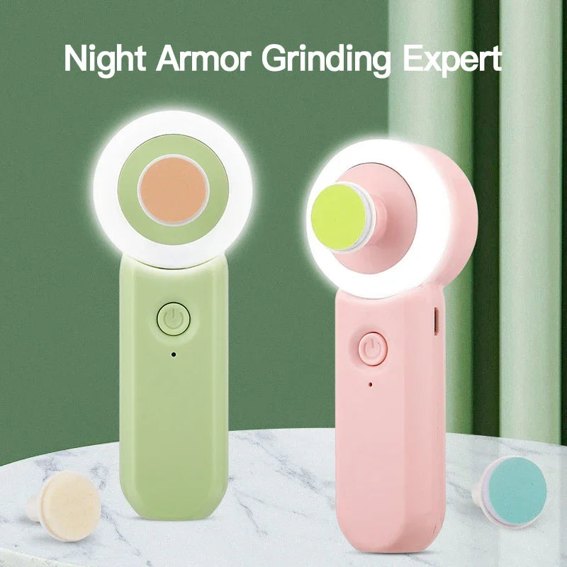 Two handheld devices, one green and one pink, with glowing circular components on a white surface against a green background.