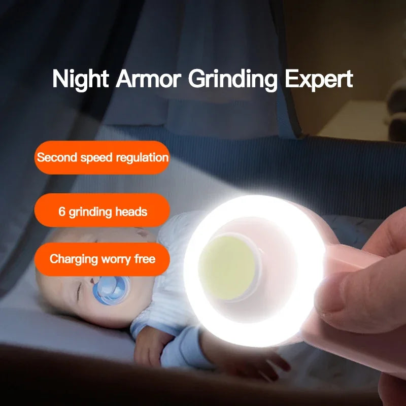 Product with text 'Night Armor Grinding Expert' held by a hand, with a blurred background.