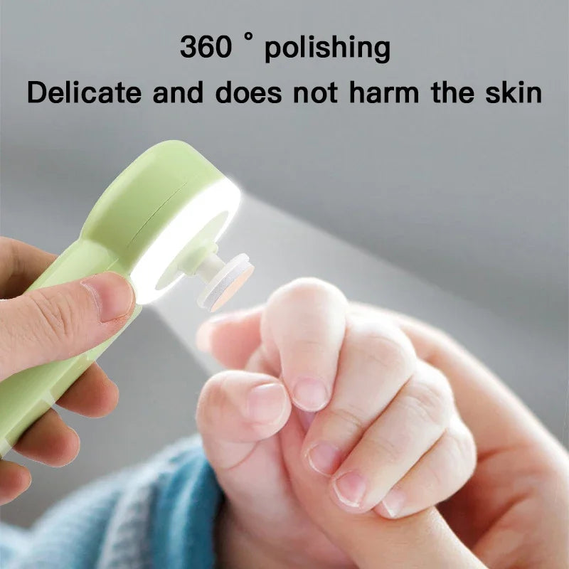 Person using a green handheld device on a baby's hand with text about 360-degree polishing and skin safety.