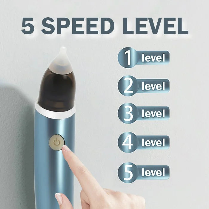 Hand holding a device with five speed levels labeled on a gray background