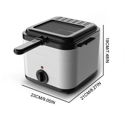 Small kitchen appliance with dimensions displayed on a white background