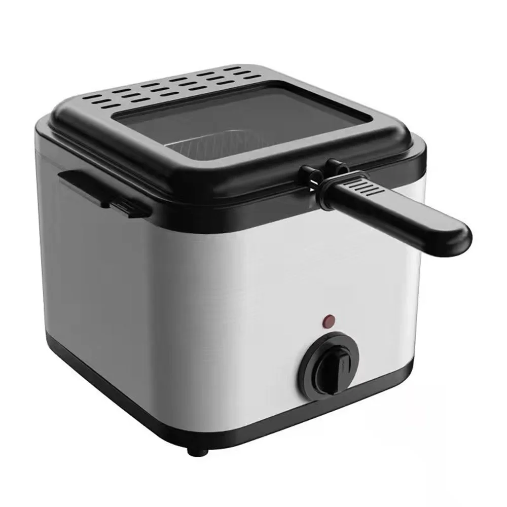 Small electric deep fryer with a black lid and handle on a white background