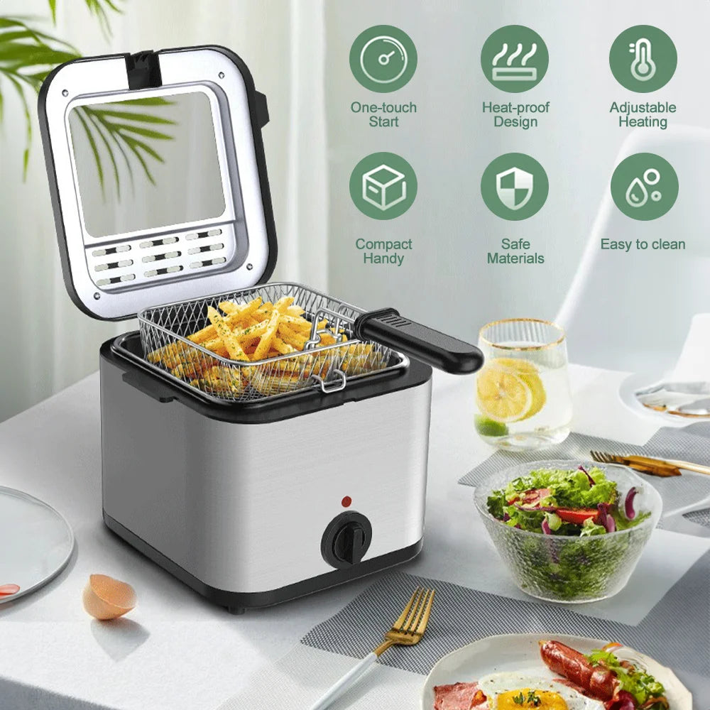 Small deep fryer with food on a table with various features highlighted.