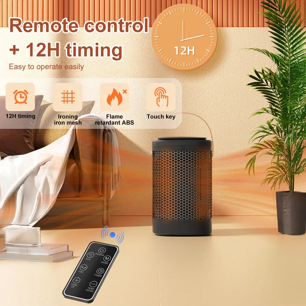 Black air purifier with remote control and 12-hour timing feature on a wooden surface.