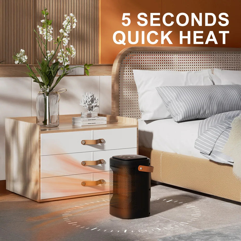 Bedroom scene with a nightstand, bed, and heater, featuring text '5 Seconds Quick Heat'.