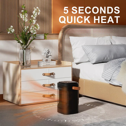 Bedroom scene with a nightstand, bed, and heater, featuring text '5 Seconds Quick Heat'.