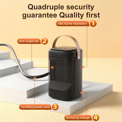 Black portable heater with features highlighted on a beige background