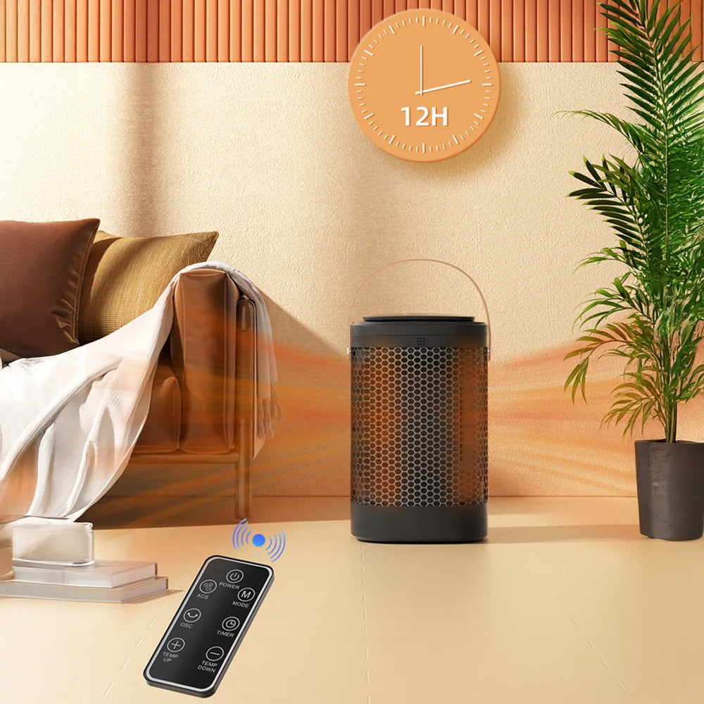 Smart air purifier on a table with a remote control, clock, and plant in a bedroom setting.