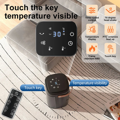 Digital temperature control panel with touch key and remote control on a wooden surface.
