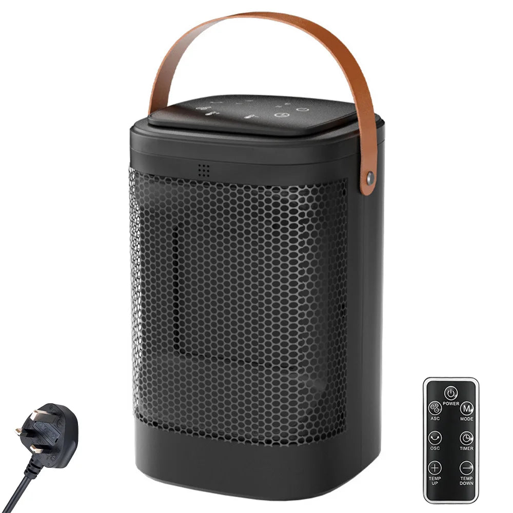 Black portable speaker with brown handle and remote control on a white background