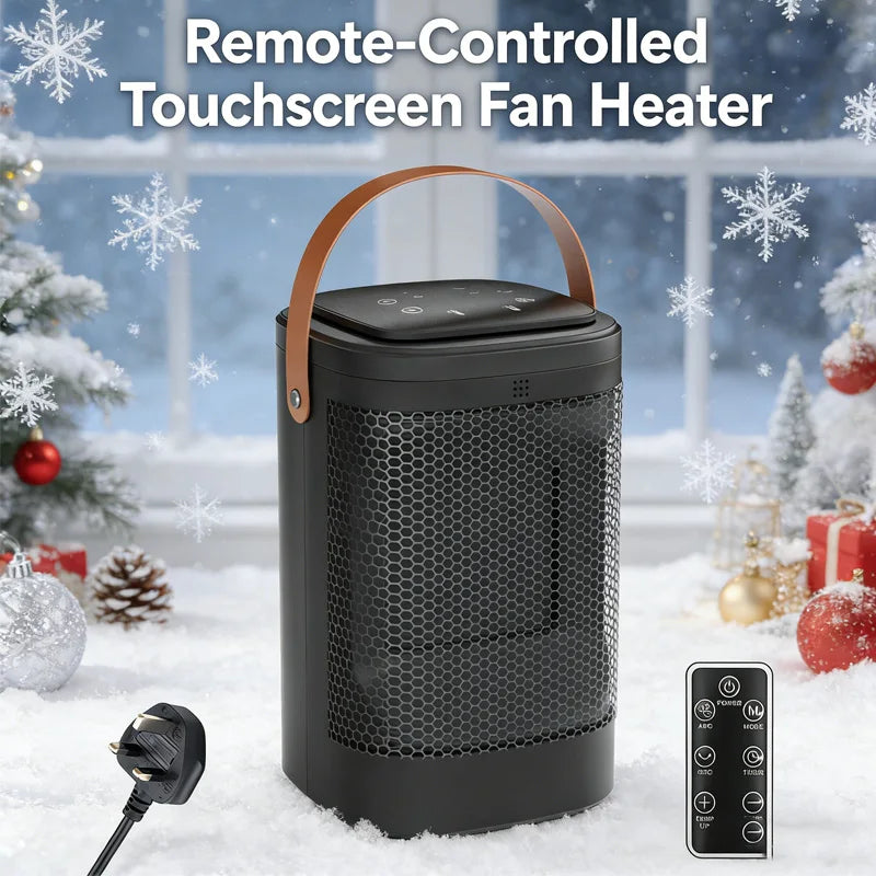 Black remote-controlled touchscreen fan heater with a handle, Christmas-themed background