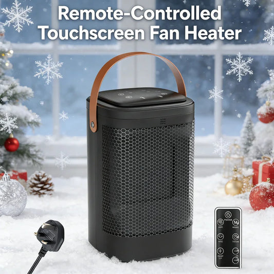 Black remote-controlled touchscreen fan heater with a handle, Christmas-themed background