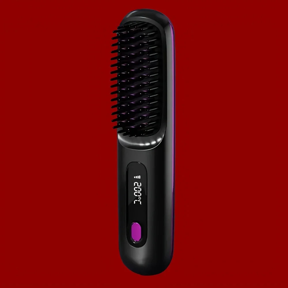 Black hair straightening brush with digital display on a red background