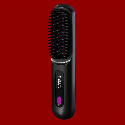 Black hair straightening brush with digital display on a red background