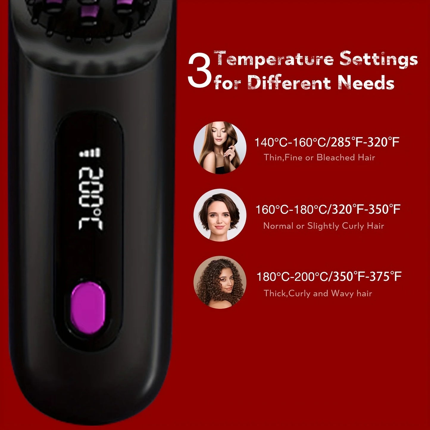 Hair styling tool with digital temperature display on a red background, showing temperature settings for different hair types.
