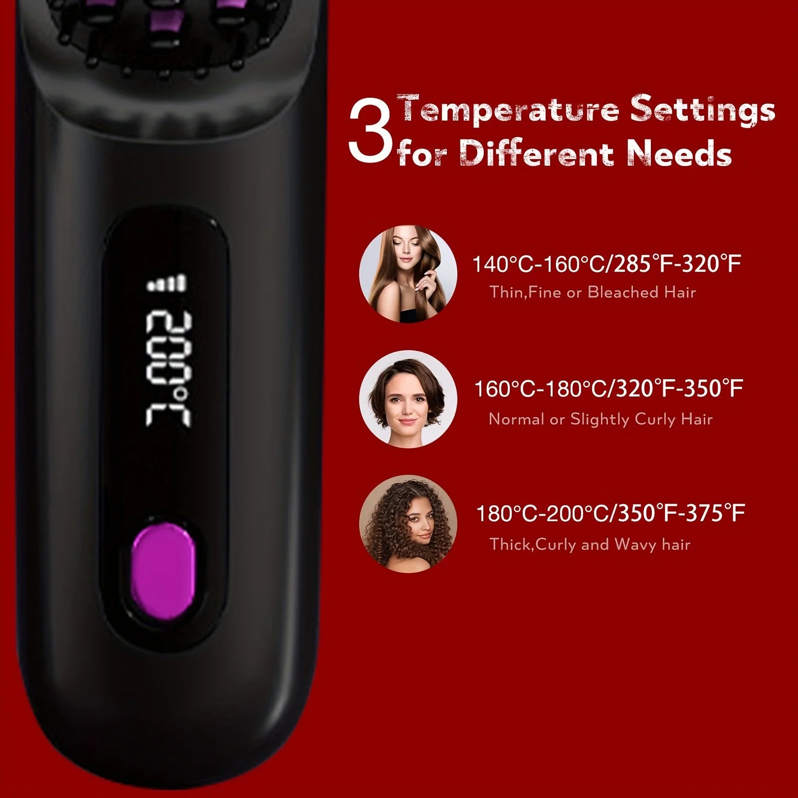 Hair styling tool with digital temperature display on a red background, showing temperature settings for different hair types.