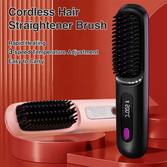 Cordless hair straightener brush with digital display on a red background
