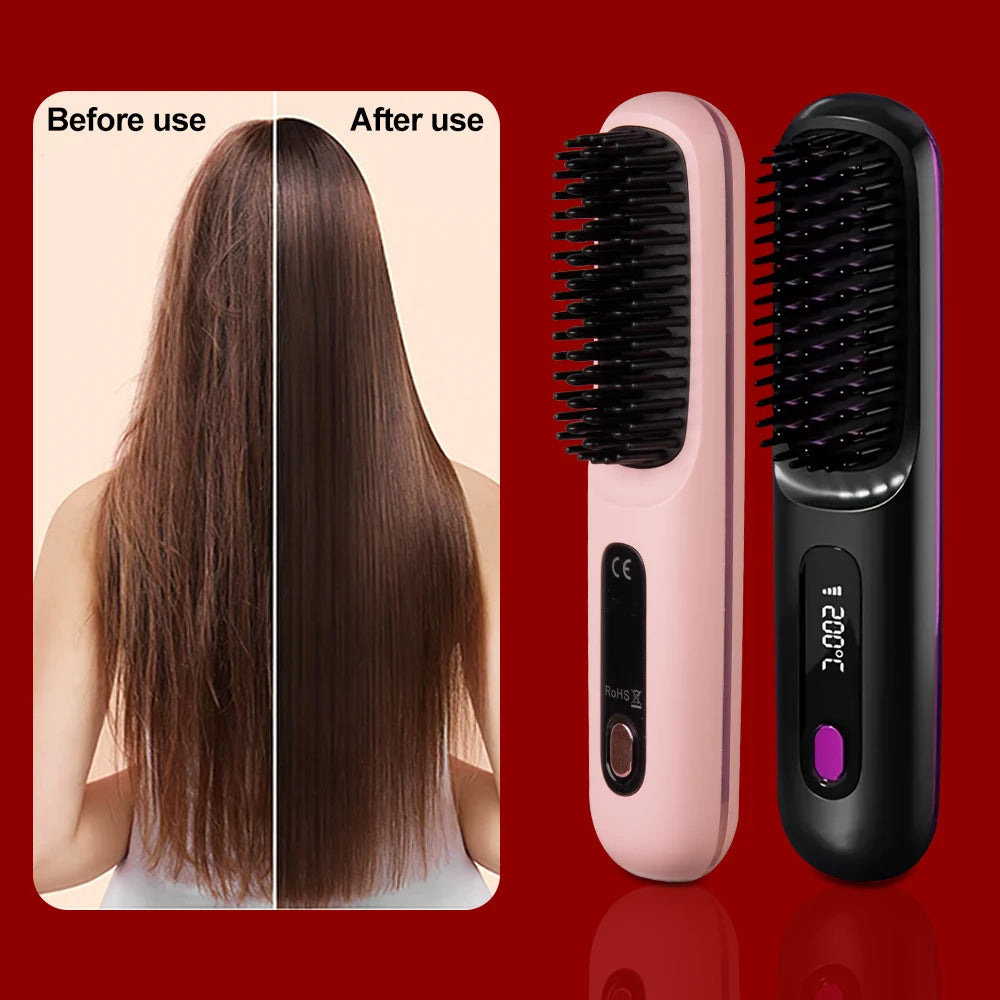 Hair straightening brush with 'Before use' and 'After use' hair comparison on a red background.