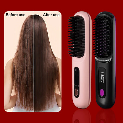 Hair straightening brush with 'Before use' and 'After use' hair comparison on a red background.
