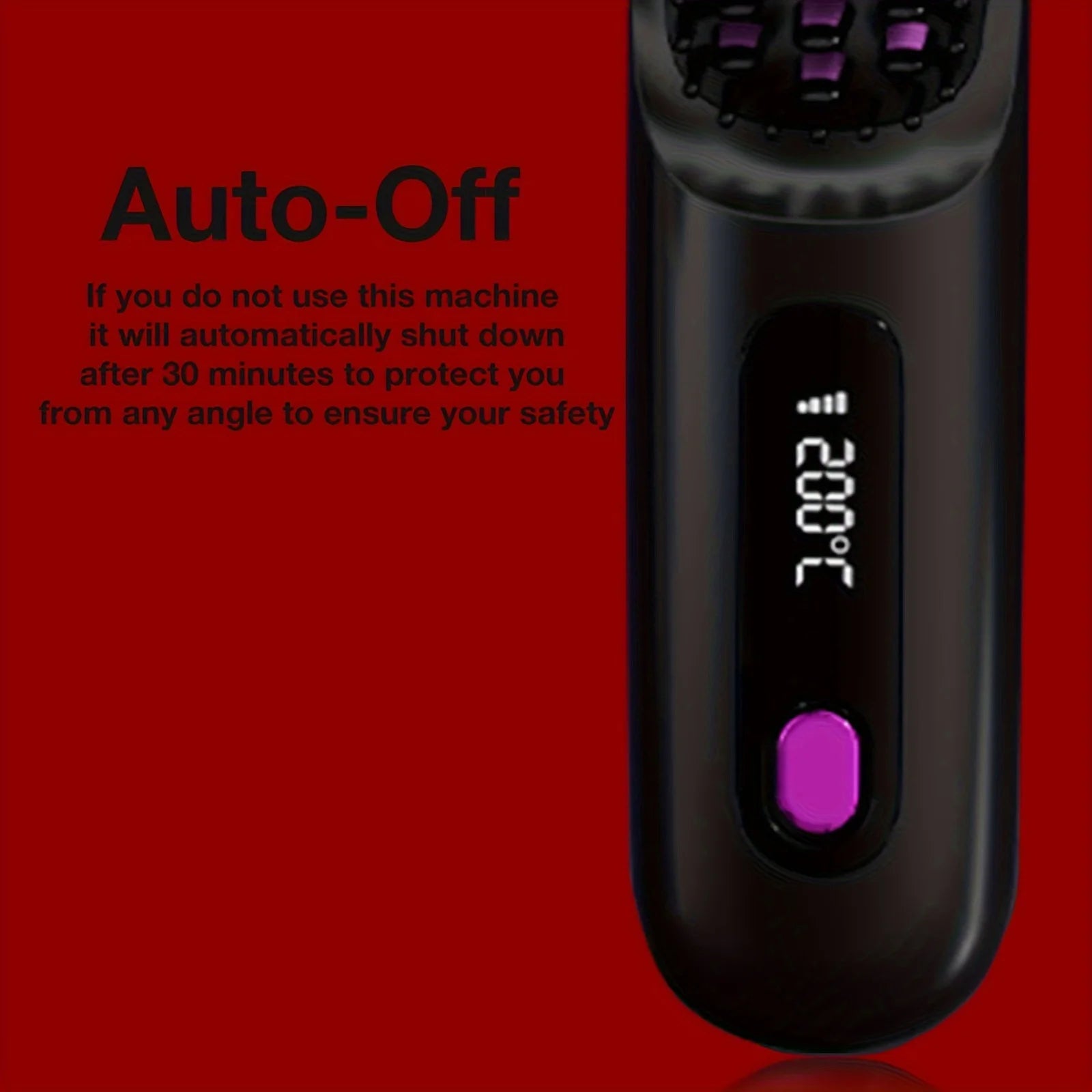 Black handheld device with digital display and purple button on a red background, featuring safety information.
