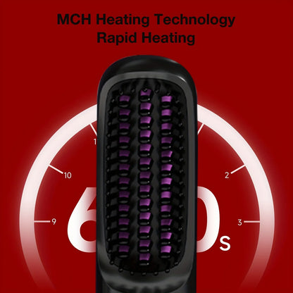 Black hairbrush with purple bristles on a red background with text about MCH heating technology.