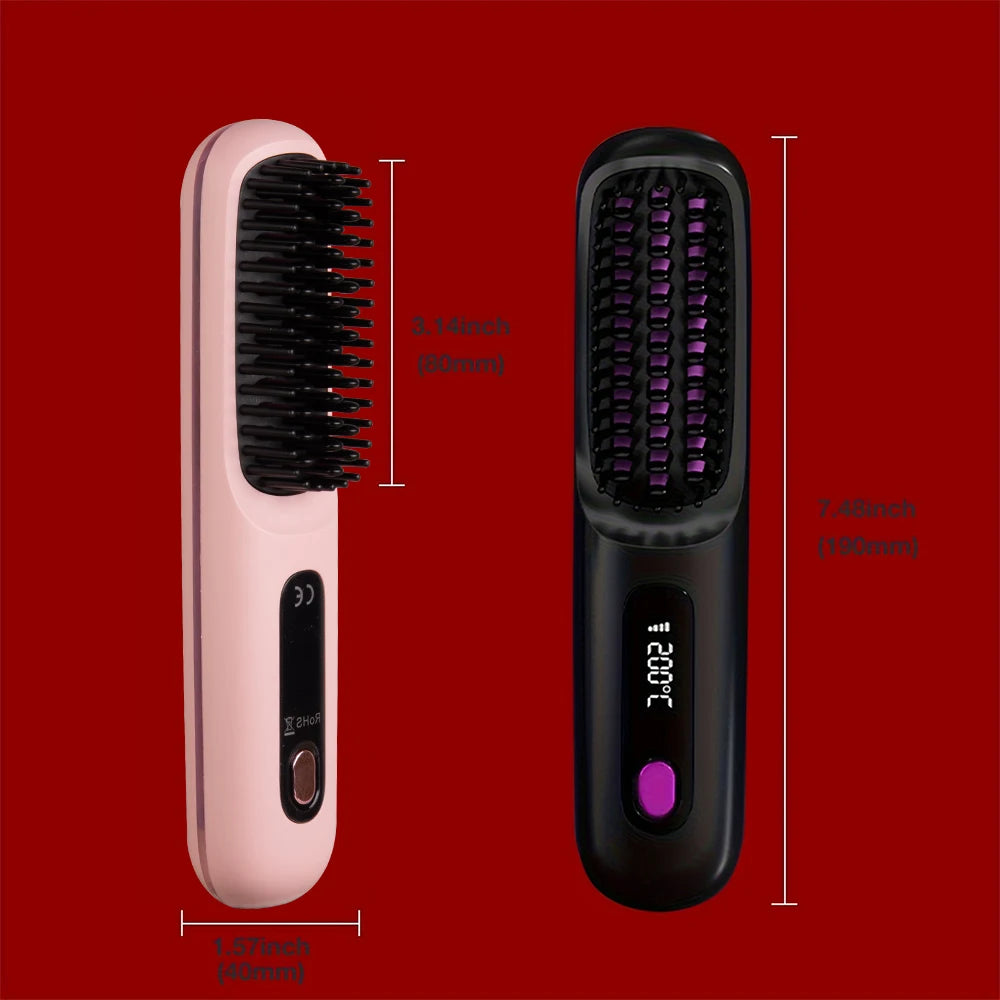 Two hairbrushes, one pink and one black, on a red background with measurements.