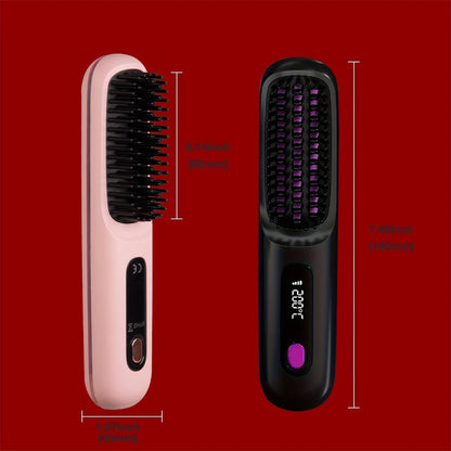 Two hairbrushes, one pink and one black, on a red background with measurements.