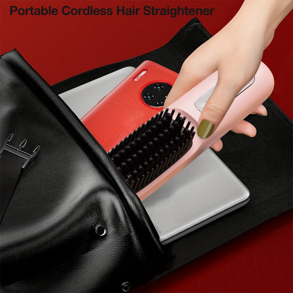 Portable cordless hair straightener being held over a black bag with a red interior.