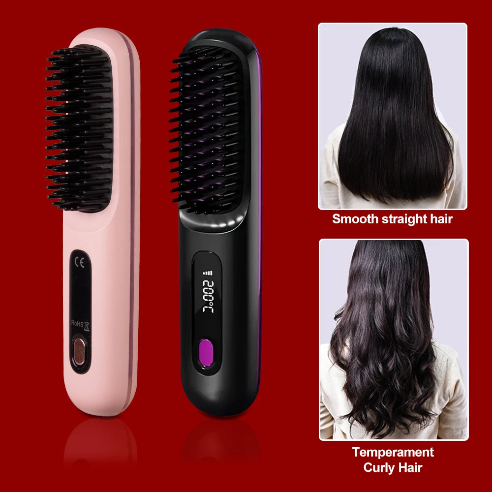 Hair straightening brush with digital display on a red background, showing before and after hair images.