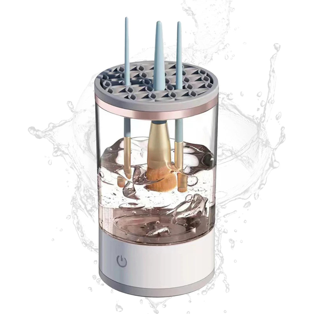 Clear cylindrical device with brushes inside, surrounded by water droplets on a white background
