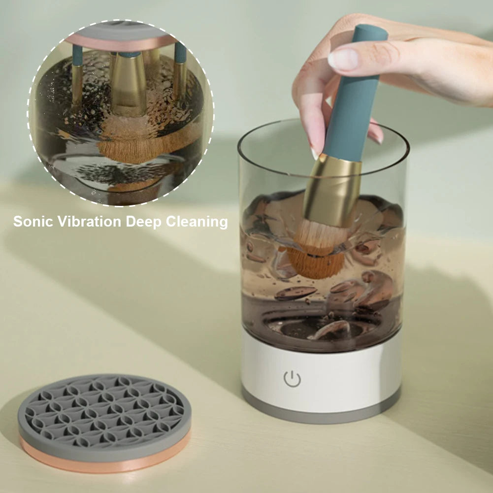Cleaning device with brush and cleaning solution, showing sonic vibration deep cleaning effect.