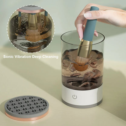 Cleaning device with brush and cleaning solution, showing sonic vibration deep cleaning effect.