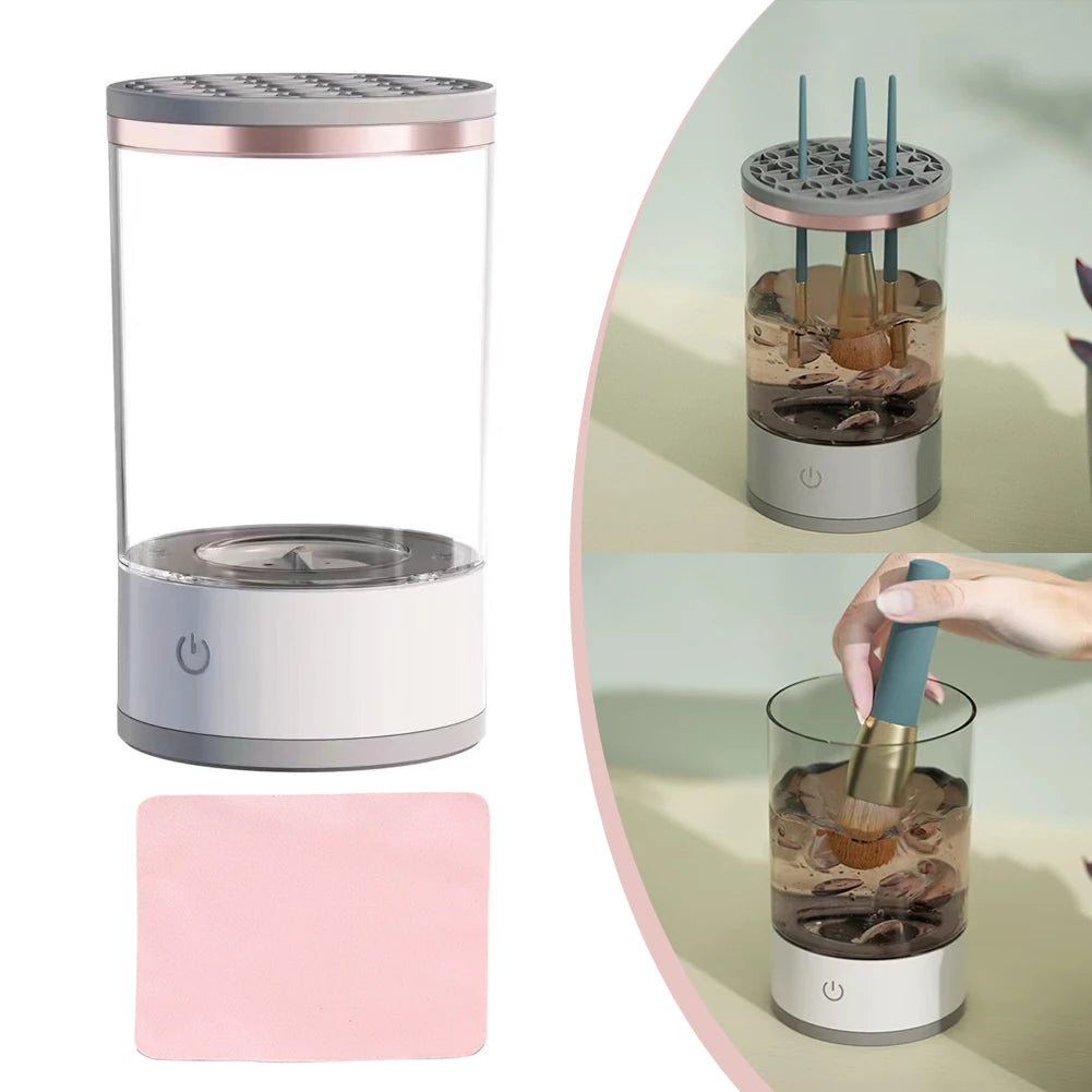 Collage of a cylindrical electronic device with a pink base, showing its use with a glass container.