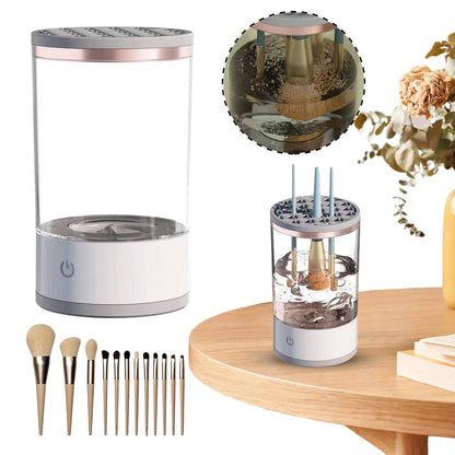 Makeup brush cleaner with brushes on a wooden surface