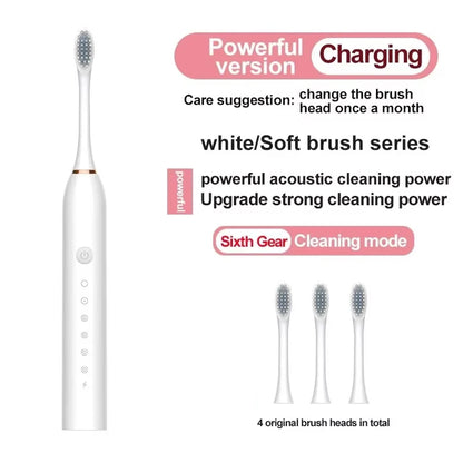 Electric toothbrush with charging indication and brush heads on a white background