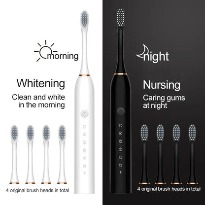 Two electric toothbrushes, one white and one black, with brush heads displayed below on a white background.
