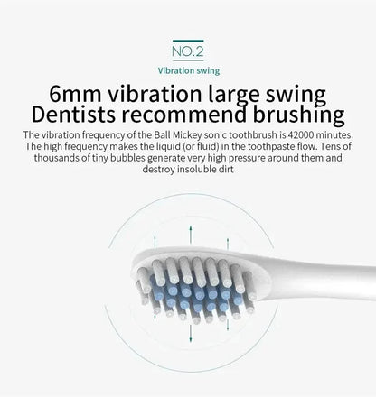 Sonic toothbrush with text about vibration frequency and dental benefits on a white background