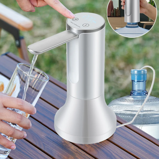 Portable water pump dispensing water into a glass on a wooden table.