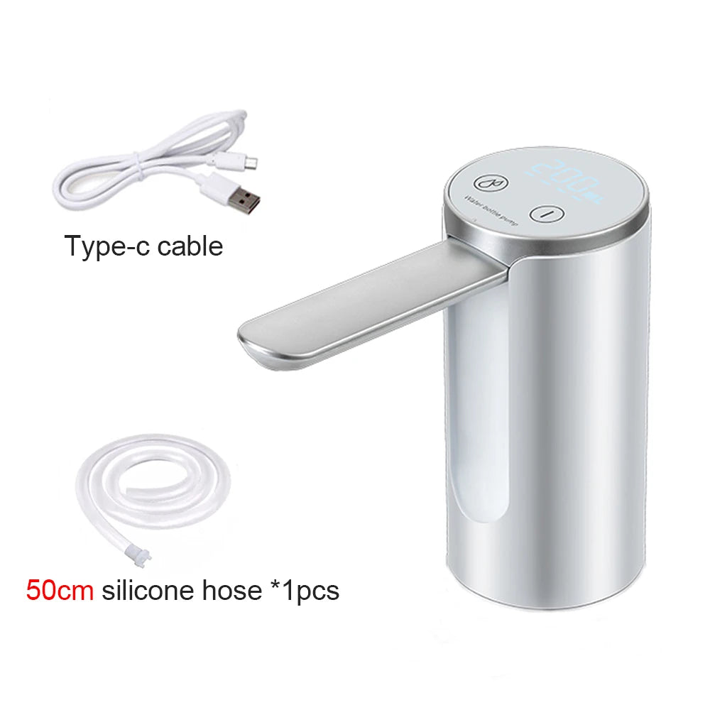 Silver electronic faucet with type-c cable and 50cm silicone hose on a white background
