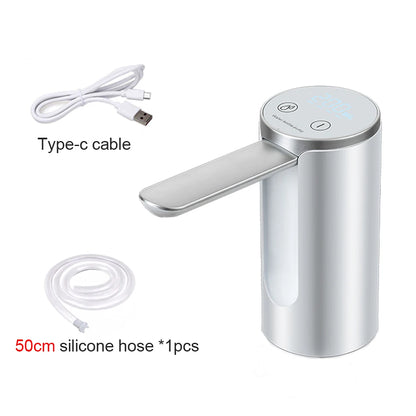 Silver electronic faucet with type-c cable and 50cm silicone hose on a white background