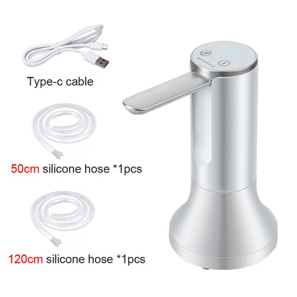 Silver faucet with USB cable and silicone hoses on a white background