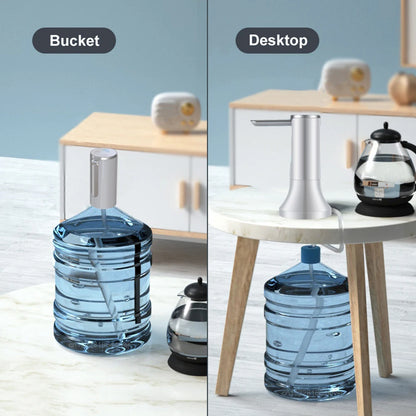 Comparison of a water container labeled 'Bucket' and 'Desktop' on a wooden table.