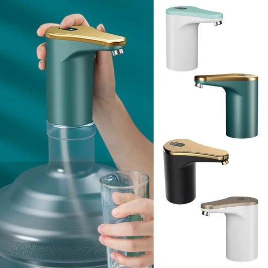 Hand holding a water dispenser with a glass, surrounded by different color options of the same dispenser.