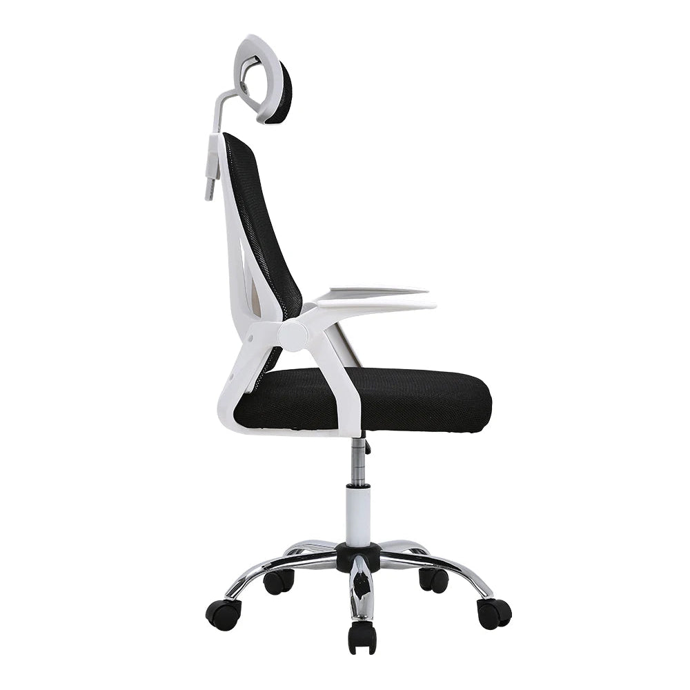 White office chair with black seat on a white background