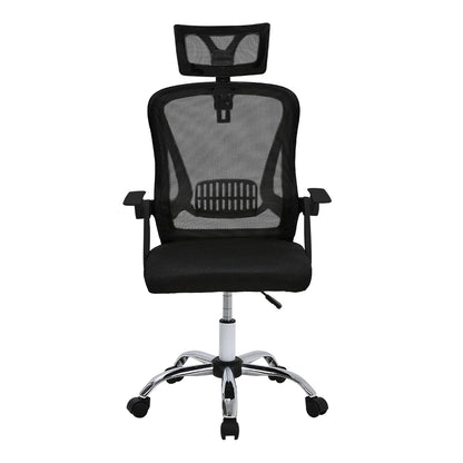 Black mesh office chair with adjustable headrest on a white background
