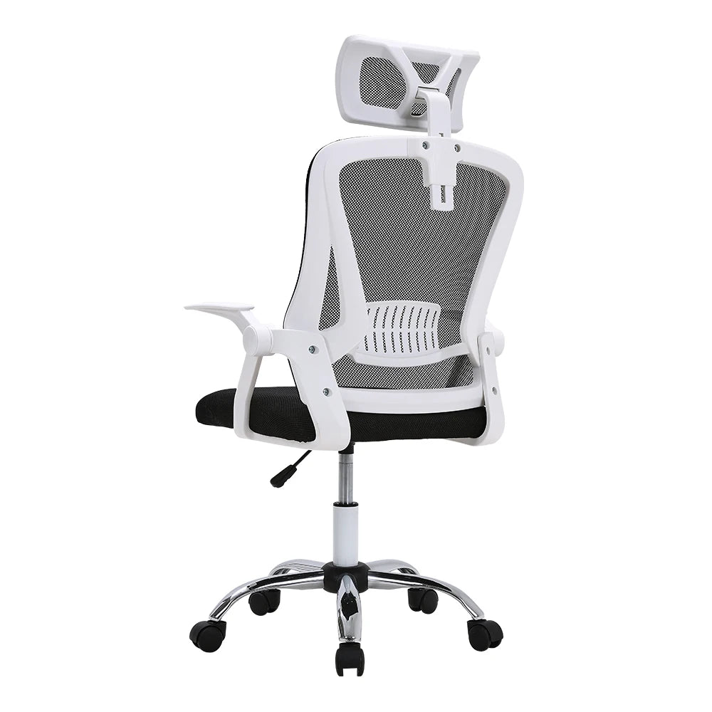 White office chair with mesh back and black seat on a white background